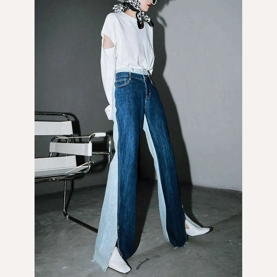 KIMLUD, [EAM] Blue Contrast Color Split Joint Long Wide Leg Jeans New High Waist Loose Women Trousers Fashion Spring Autumn 2024 1T276, KIMLUD Womens Clothes