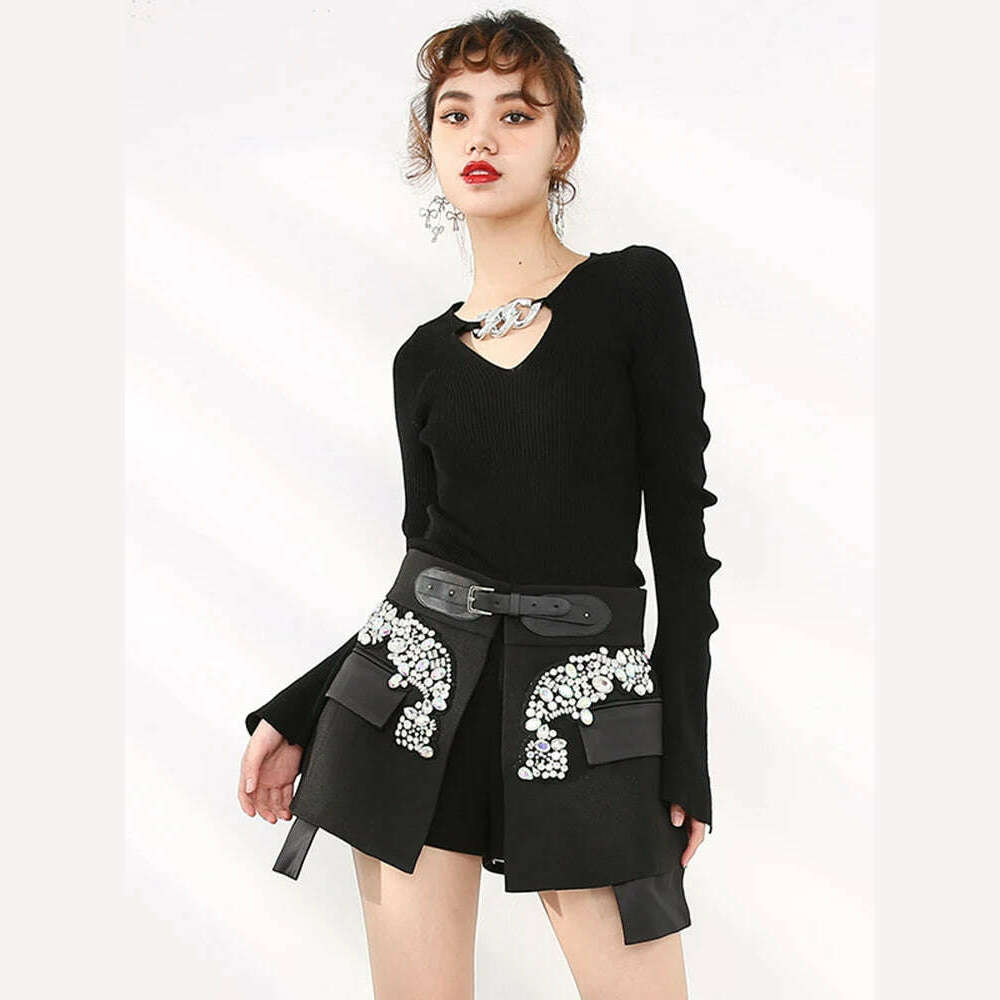 KIMLUD, [EAM] High Waist Rhinestones Irregular Temperament Mini Half-body Skirt Women Fashion Tide New Spring Autumn 2024 JY75801, KIMLUD Womens Clothes