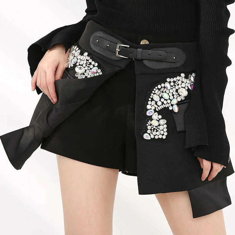 KIMLUD, [EAM] High Waist Rhinestones Irregular Temperament Mini Half-body Skirt Women Fashion Tide New Spring Autumn 2024 JY75801, black / S, KIMLUD APPAREL - Womens Clothes