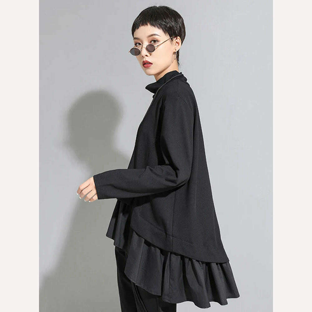 KIMLUD, [EAM] Loose Fit Asymmetrical Ruffles Sweatshirt New High Collar Long Sleeve Women Big Size Fashion Tide Spring Autumn 2022 1A529, KIMLUD Womens Clothes