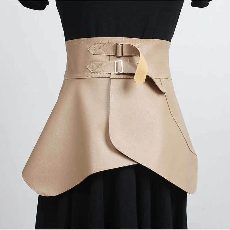 KIMLUD, [EAM]  Retro Ruffles Irregular Black Pu Leather Wide Belt Personality Women New Fashion All-match Spring Autumn 2023 1DD4844, Apricot, KIMLUD APPAREL - Womens Clothes