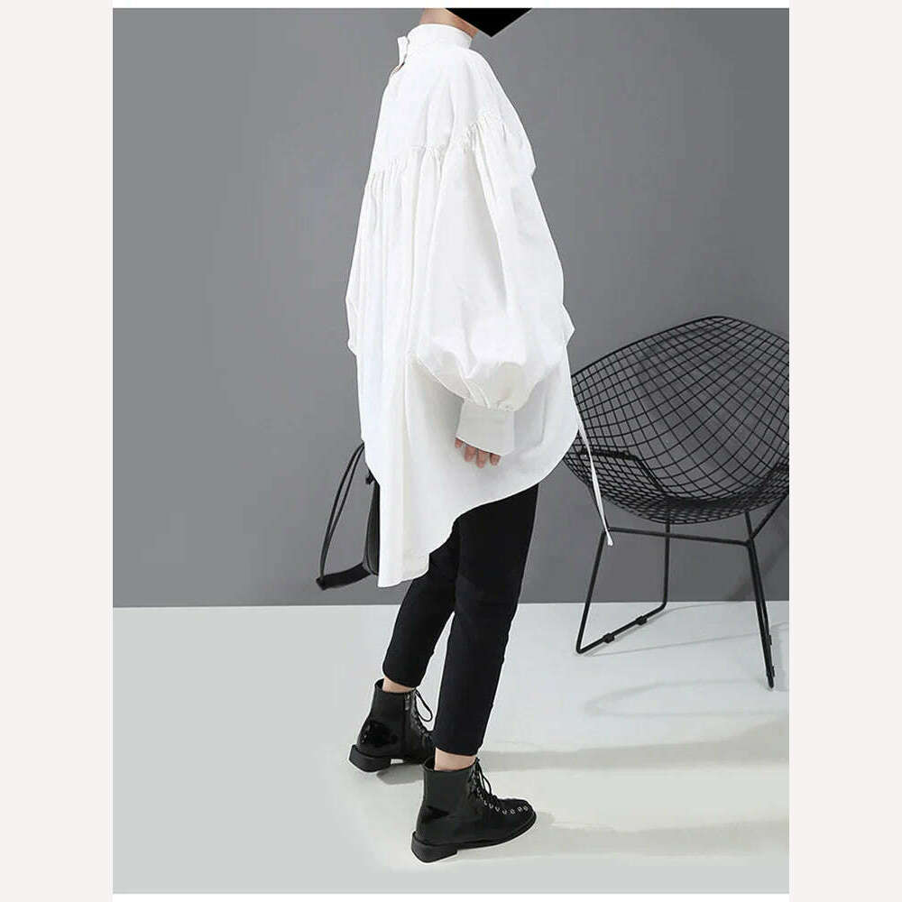 KIMLUD, [EAM] Women Back Long Drawstring Big Size Blouse New Satnd Collar Long Sleeve Loose Fit Shirt Fashion Spring Autumn 2024 1N242, KIMLUD Womens Clothes