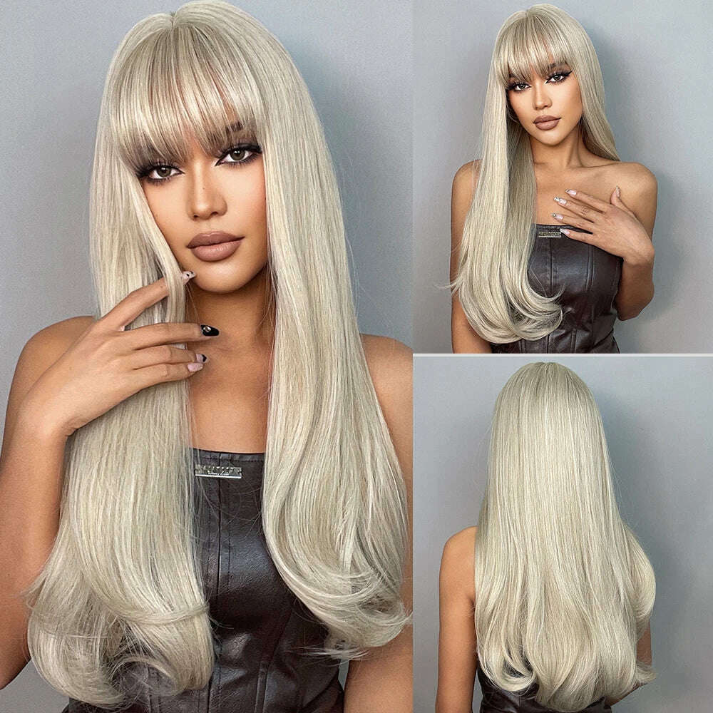 EASIHAIR Long Silver with Blonde Highlight Synthetic Wigs for Women Straight with Bangs Natural Wigs Cosplay Hair Heat Resistant - KIMLUD