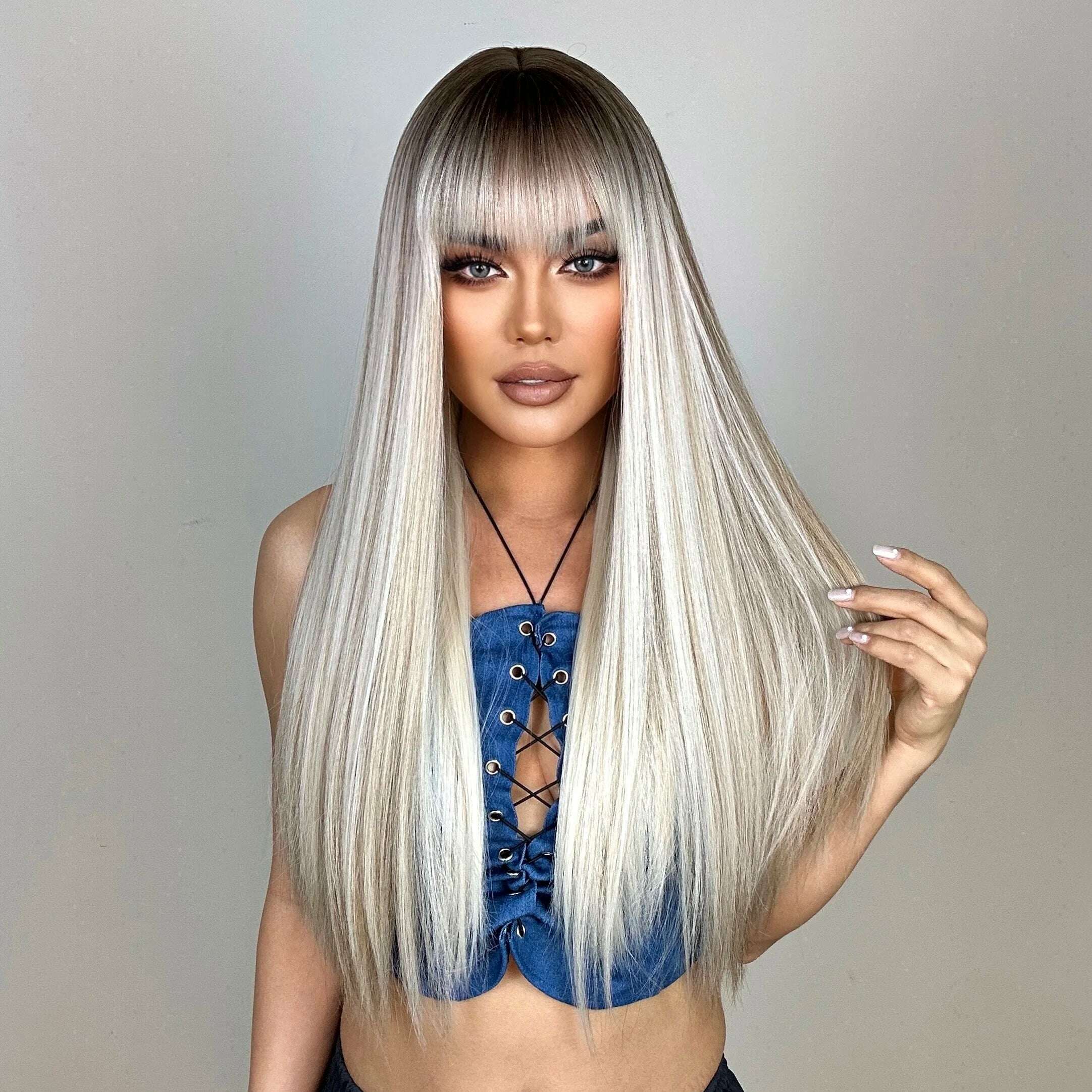 EASIHAIR Long Silver with Blonde Highlight Synthetic Wigs for Women Straight with Bangs Natural Wigs Cosplay Hair Heat Resistant - KIMLUD