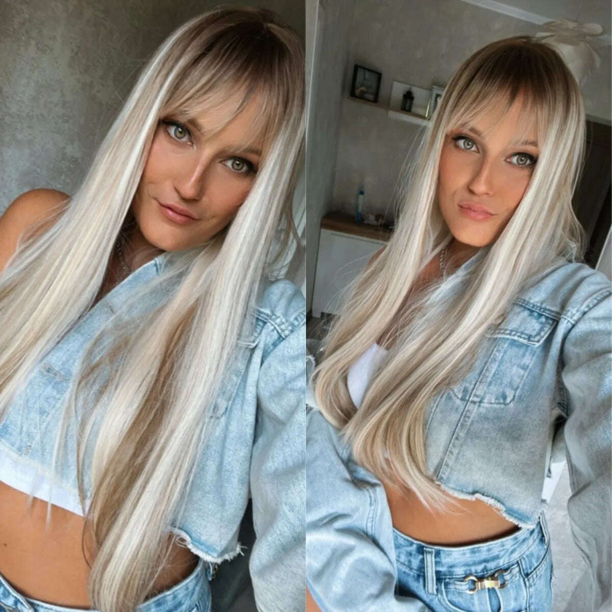 EASIHAIR Long Silver with Blonde Highlight Synthetic Wigs for Women Straight with Bangs Natural Wigs Cosplay Hair Heat Resistant - KIMLUD