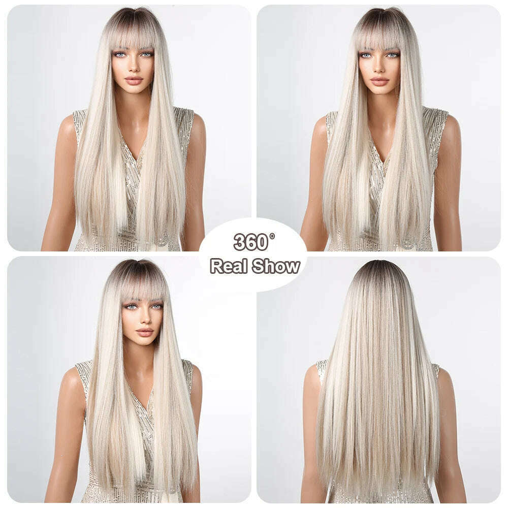 EASIHAIR Long Silver with Blonde Highlight Synthetic Wigs for Women Straight with Bangs Natural Wigs Cosplay Hair Heat Resistant - KIMLUD