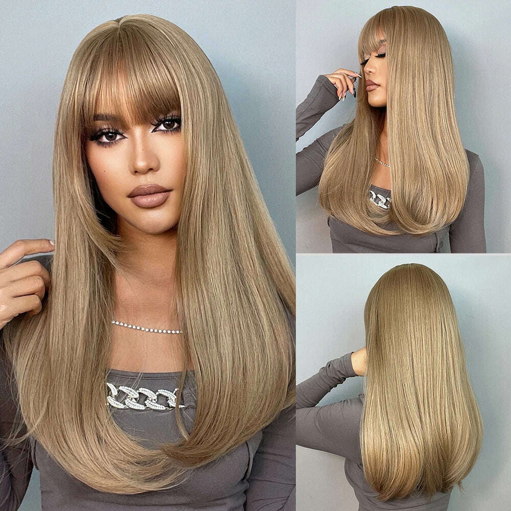 EASIHAIR Long Silver with Blonde Highlight Synthetic Wigs for Women Straight with Bangs Natural Wigs Cosplay Hair Heat Resistant - KIMLUD