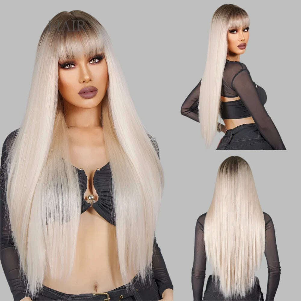 EASIHAIR Long Silver with Blonde Highlight Synthetic Wigs for Women Straight with Bangs Natural Wigs Cosplay Hair Heat Resistant - KIMLUD