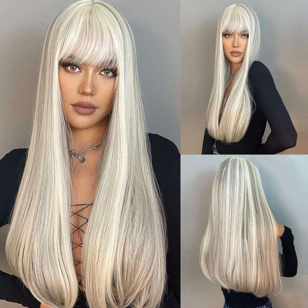 EASIHAIR Long Silver with Blonde Highlight Synthetic Wigs for Women Straight with Bangs Natural Wigs Cosplay Hair Heat Resistant - KIMLUD