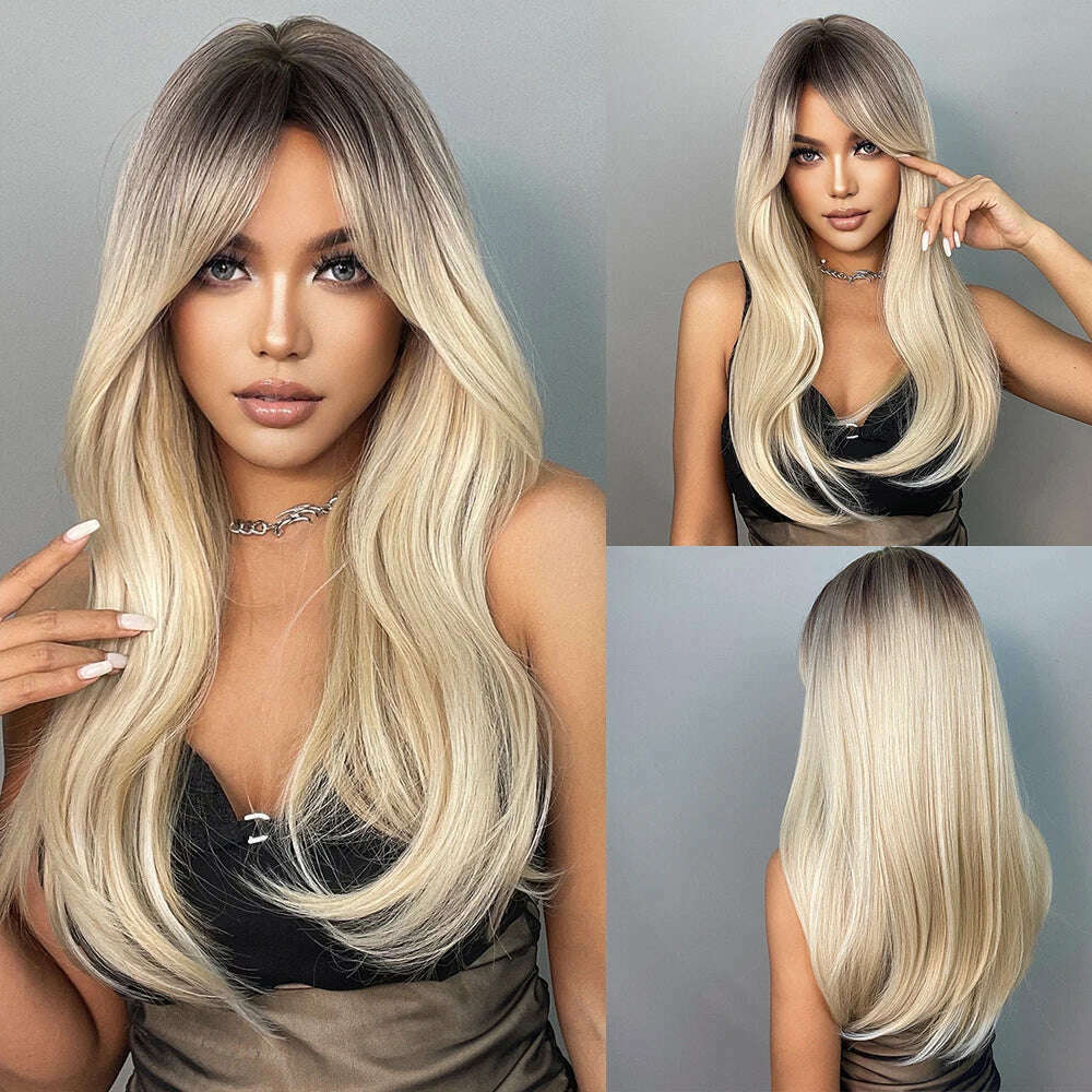 EASIHAIR Long Silver with Blonde Highlight Synthetic Wigs for Women Straight with Bangs Natural Wigs Cosplay Hair Heat Resistant - KIMLUD