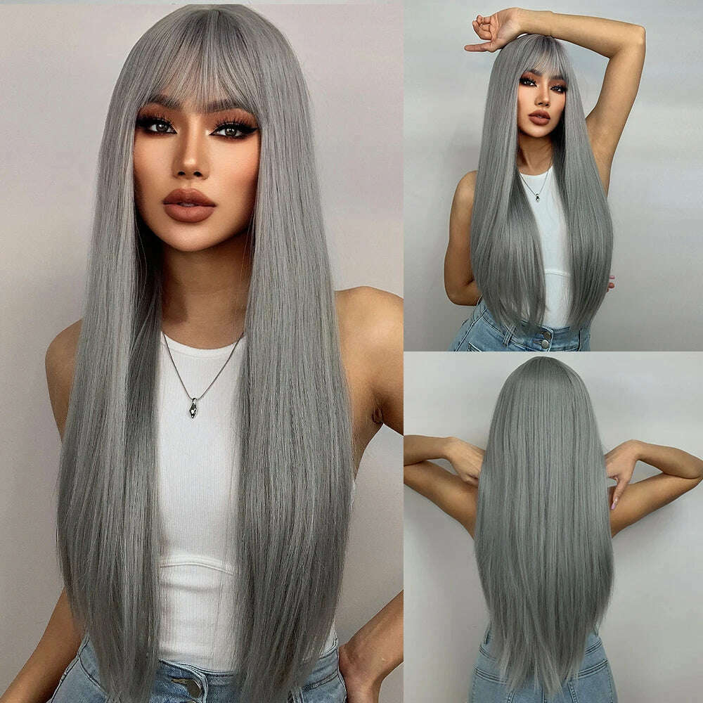 EASIHAIR Long Silver with Blonde Highlight Synthetic Wigs for Women Straight with Bangs Natural Wigs Cosplay Hair Heat Resistant - KIMLUD