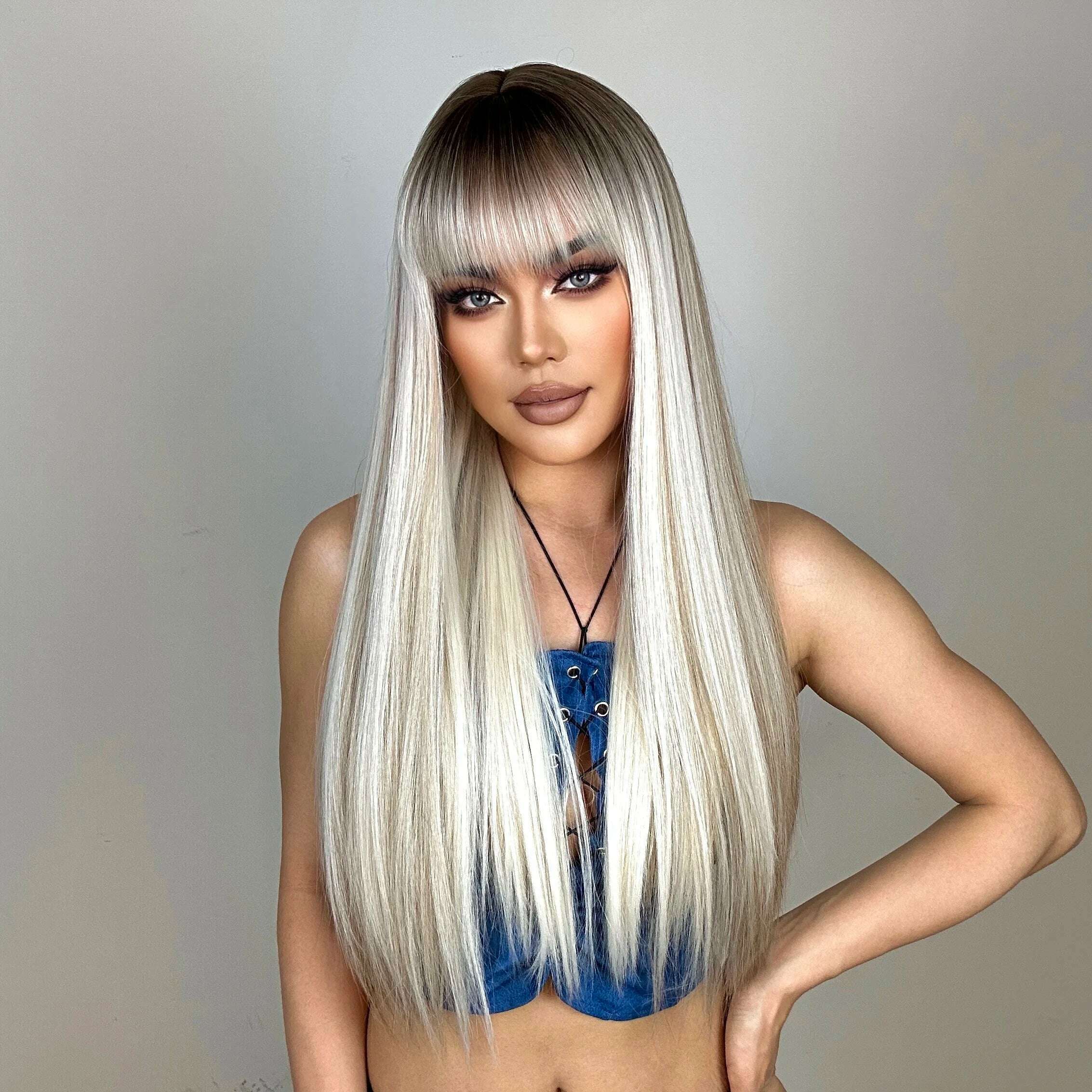 EASIHAIR Long Silver with Blonde Highlight Synthetic Wigs for Women Straight with Bangs Natural Wigs Cosplay Hair Heat Resistant - KIMLUD