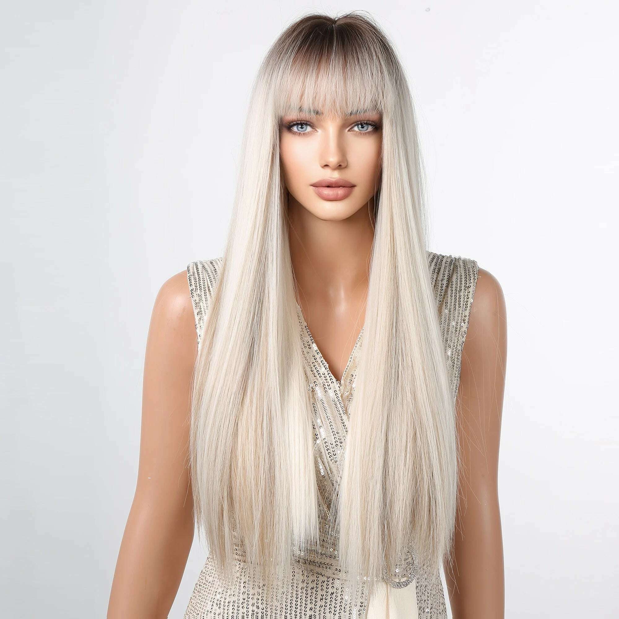 EASIHAIR Long Silver with Blonde Highlight Synthetic Wigs for Women Straight with Bangs Natural Wigs Cosplay Hair Heat Resistant - KIMLUD