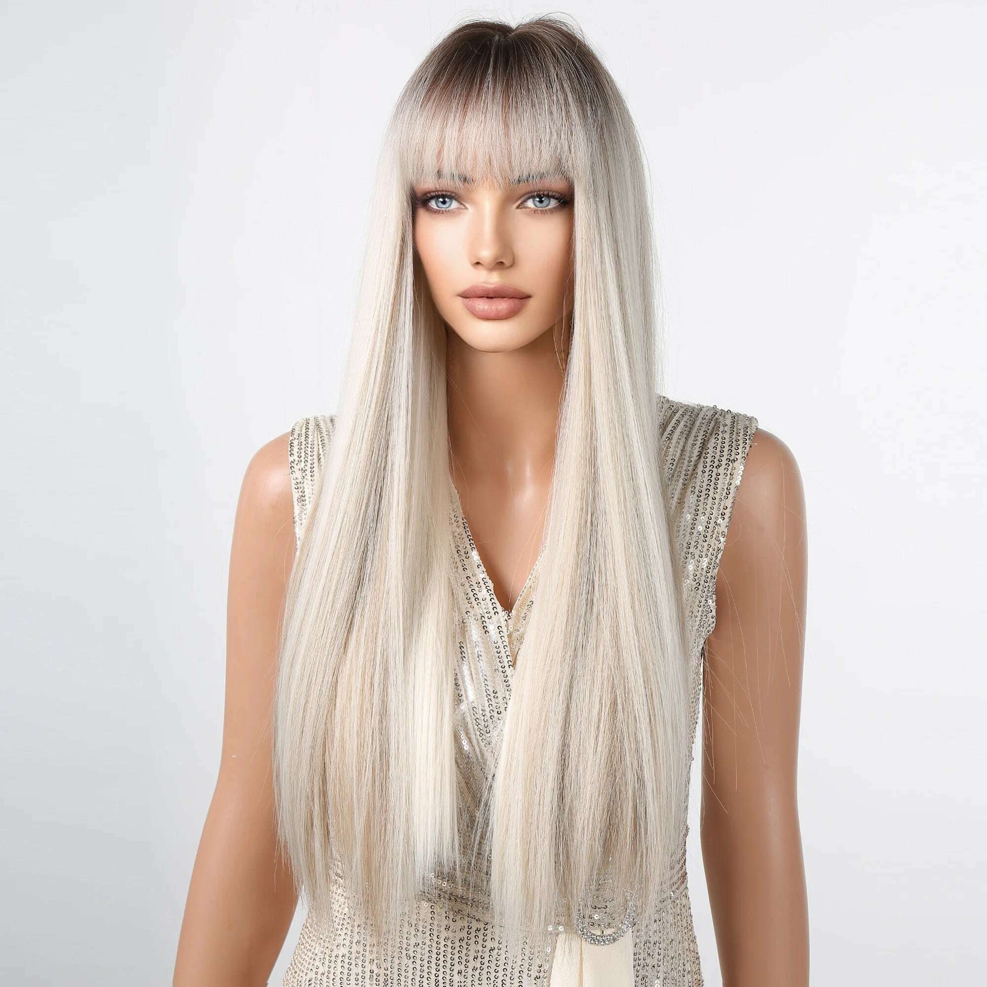 EASIHAIR Long Silver with Blonde Highlight Synthetic Wigs for Women Straight with Bangs Natural Wigs Cosplay Hair Heat Resistant - KIMLUD