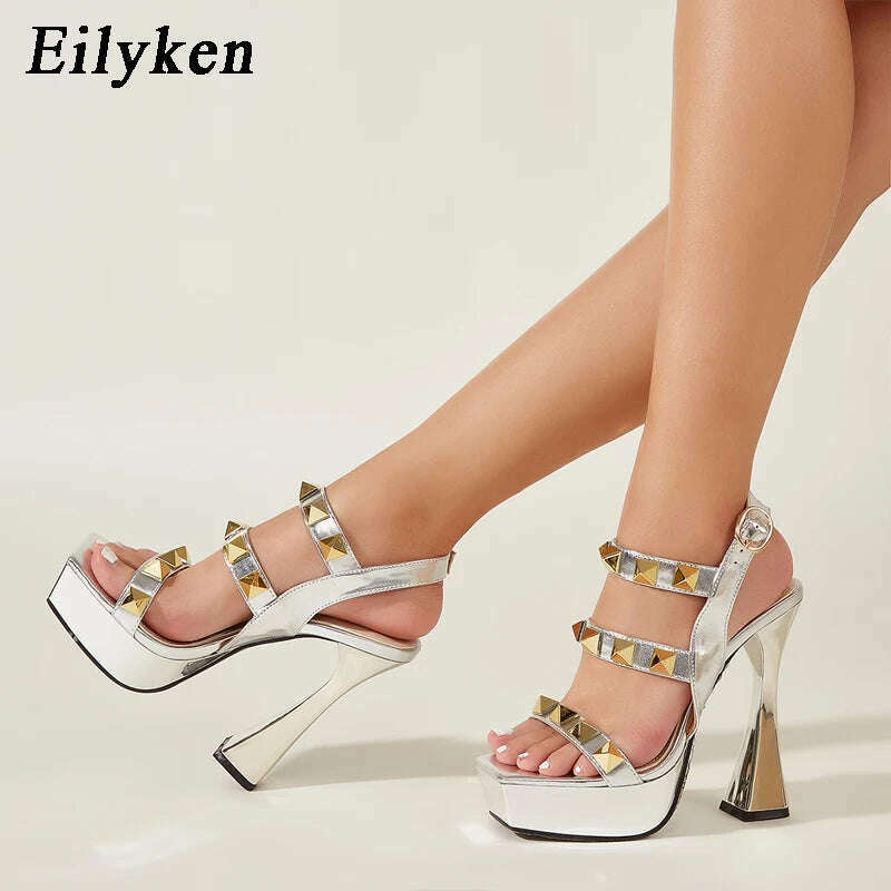 Eilyken Fashion Gold Rivet Open Toe Ankle Buckle Strap Platform High Heels Women Sandals Ladies Nightclub Party Dress Shoes - KIMLUD