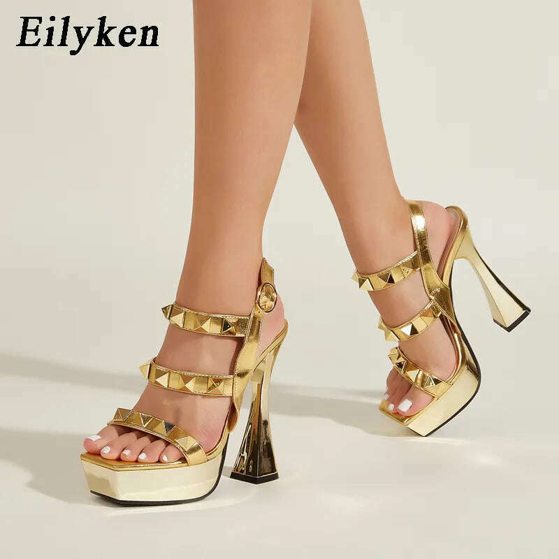 KIMLUD, Eilyken Fashion Gold Rivet Open Toe Ankle Buckle Strap Platform High Heels Women Sandals Ladies Nightclub Party Dress Shoes, KIMLUD Womens Clothes