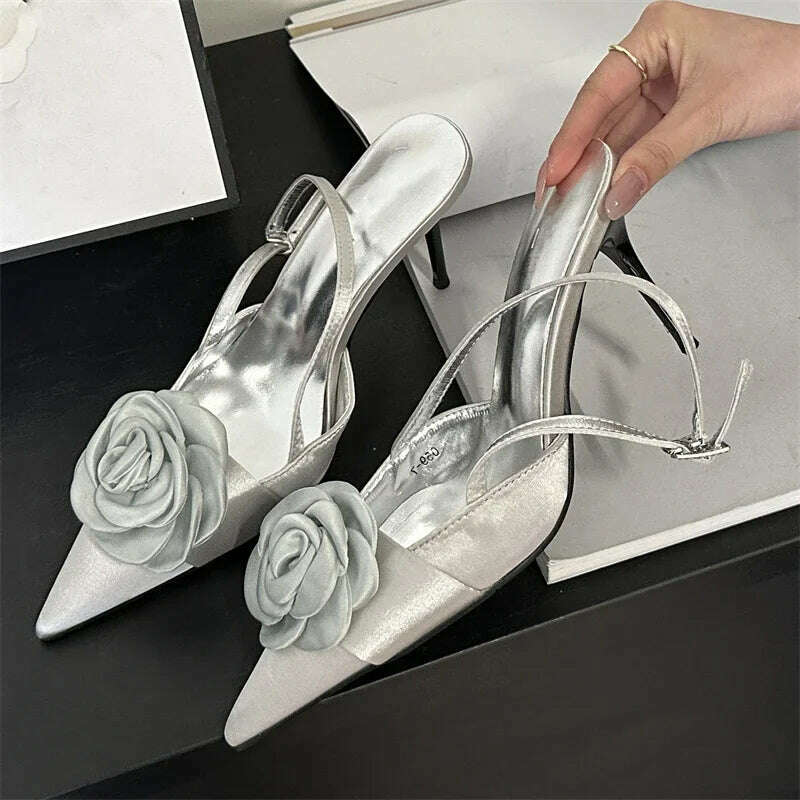 KIMLUD, Eilyken Fashion Thin High Heels Buckle Strap Women Pumps Sexy Flower Pointed Toe Mules Shoes Elegant Banquet  Prom Sandals, Silver / 35, KIMLUD APPAREL - Womens Clothes