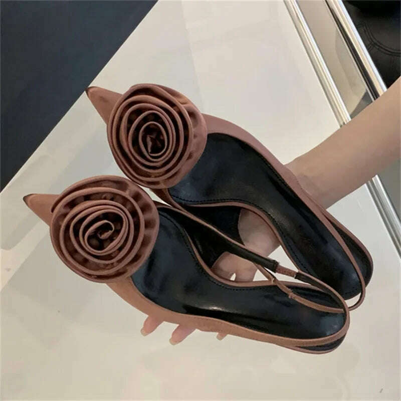 KIMLUD, Eilyken Satin Slingback Women Pumps Sexy Design Flowers Pointed Toe Thin High Heels Banquet Wedding Mule Ladies Shoes, Brown / 35, KIMLUD APPAREL - Womens Clothes