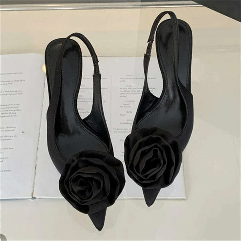 KIMLUD, Eilyken Satin Slingback Women Pumps Sexy Design Flowers Pointed Toe Thin High Heels Banquet Wedding Mule Ladies Shoes, Black / 39, KIMLUD APPAREL - Womens Clothes