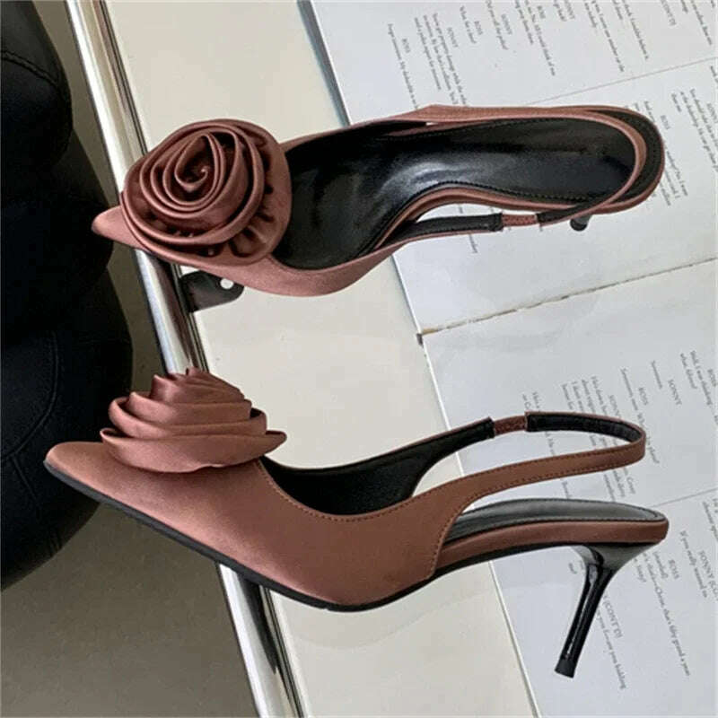 Eilyken Satin Slingback Women Pumps Sexy Design Flowers Pointed Toe Thin High Heels Banquet Wedding Mule Ladies Shoes - KIMLUD