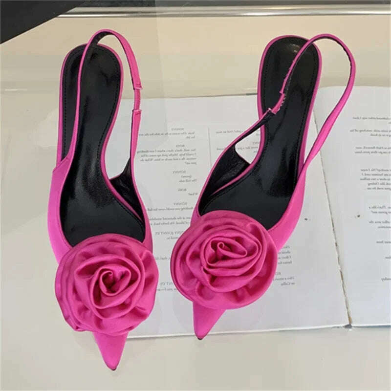 KIMLUD, Eilyken Sexy Silk Slingback Pointed Toe Women Pumps Fashion Design Flowers Thin High Heels Banquet Prom Shoes, Rose Red / 38, KIMLUD APPAREL - Womens Clothes