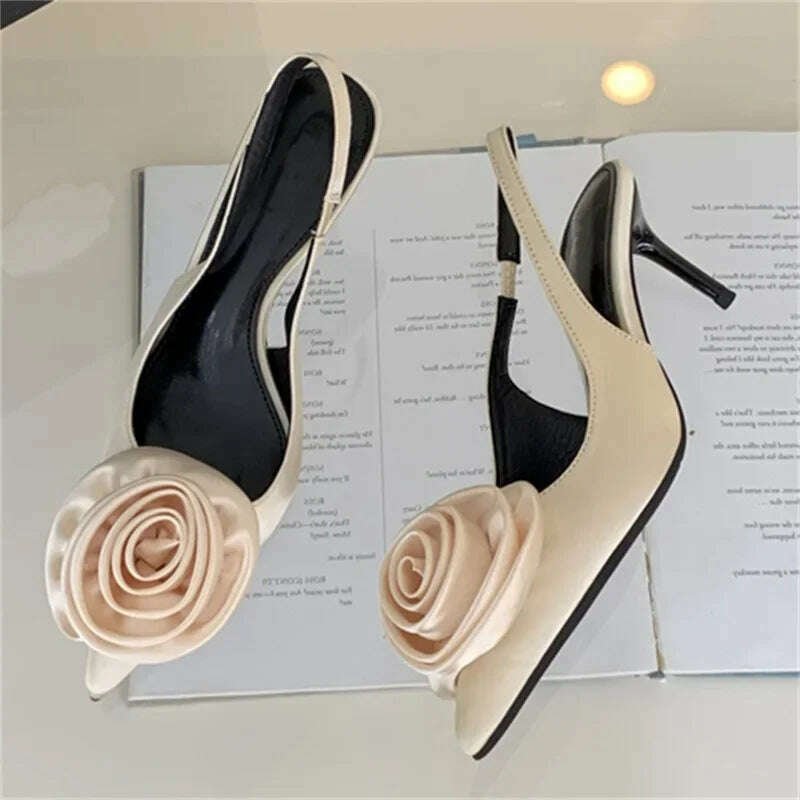 KIMLUD, Eilyken Sexy Silk Slingback Pointed Toe Women Pumps Fashion Design Flowers Thin High Heels Banquet Prom Shoes, KIMLUD Womens Clothes