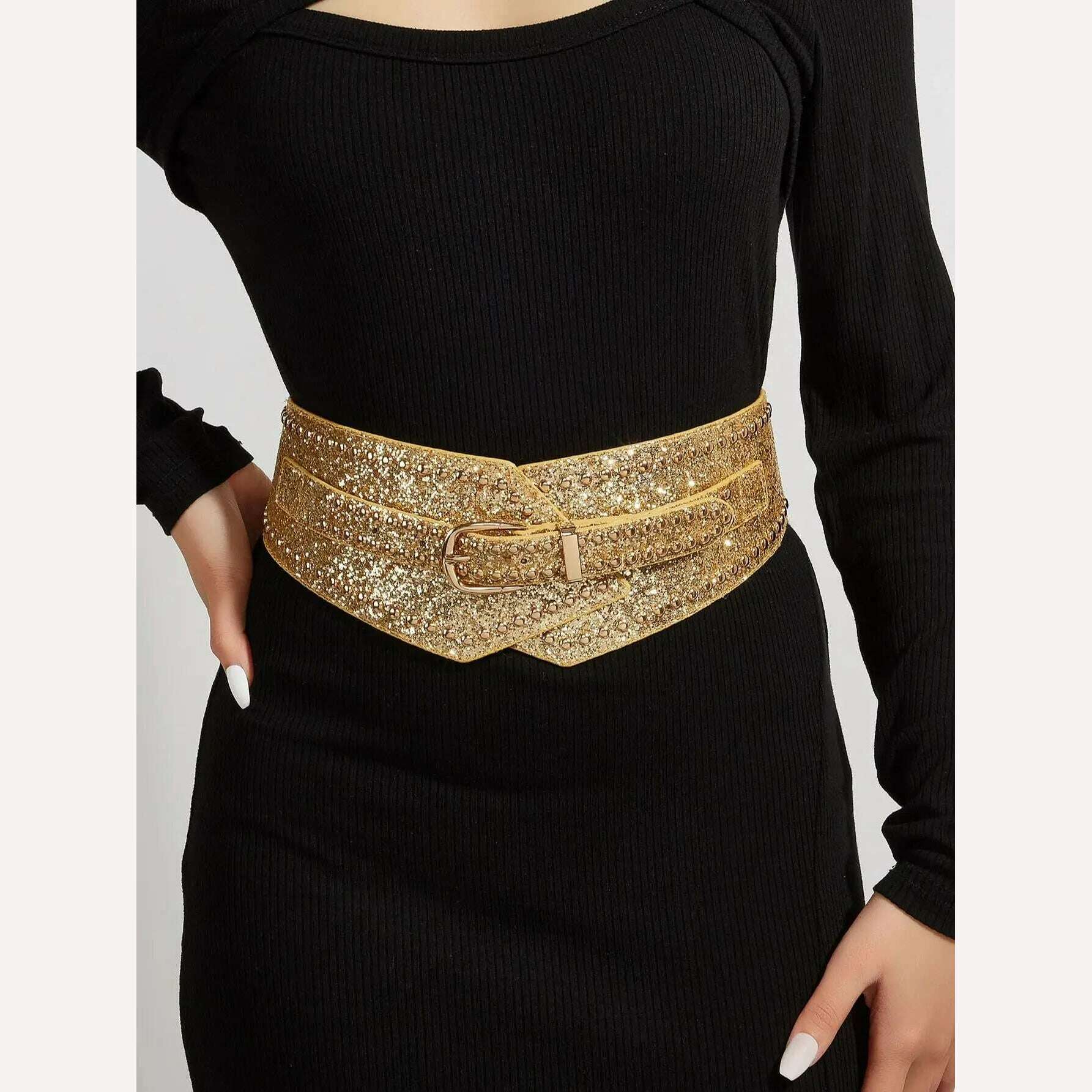 Elastic rubber waist seal with golden sequined rivets - KIMLUD