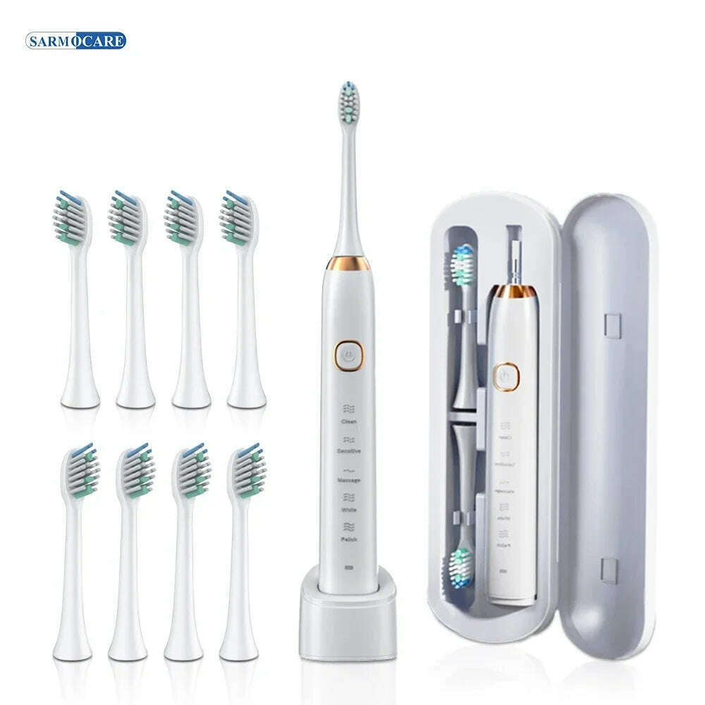 Electric Sonic Toothbrush Adult Rechargeable Smart Ultrasonic Dental Teeth Whitening 8 Brush Heads Tooth Brush - KIMLUD