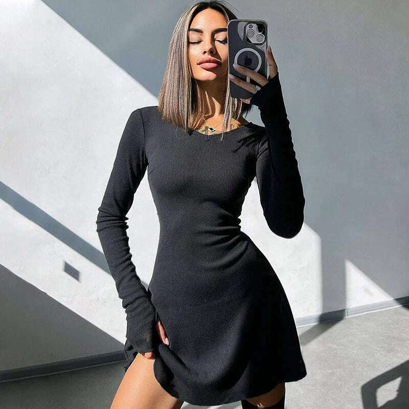 KIMLUD, Elegant And Pretty Women Dresses Autumn Winter New Black Sexy Short Dress Female V Neck Long Sleeve Slim Solid Color Mini Dress, black / S, KIMLUD APPAREL - Womens Clothes