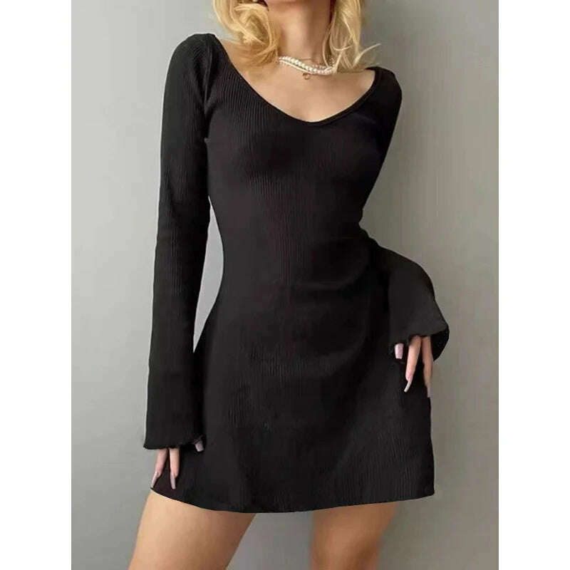 KIMLUD, Elegant And Pretty Women Dresses Autumn Winter New Black Sexy Short Dress Female V Neck Long Sleeve Slim Solid Color Mini Dress, KIMLUD Womens Clothes