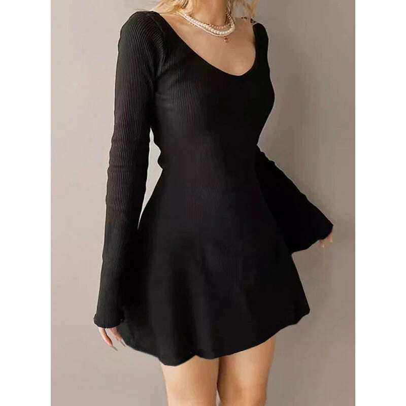 KIMLUD, Elegant And Pretty Women Dresses Autumn Winter New Black Sexy Short Dress Female V Neck Long Sleeve Slim Solid Color Mini Dress, KIMLUD Womens Clothes