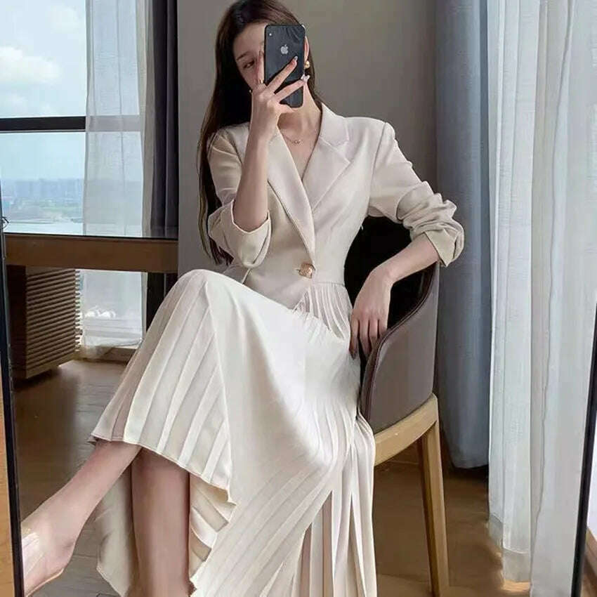 KIMLUD, Elegant Autumn Spring Notched Patchwork Pleated Dress Fashion Women's One Button Long Sleeve Office Ladies Blazer Midi Vestidos, KIMLUD Womens Clothes