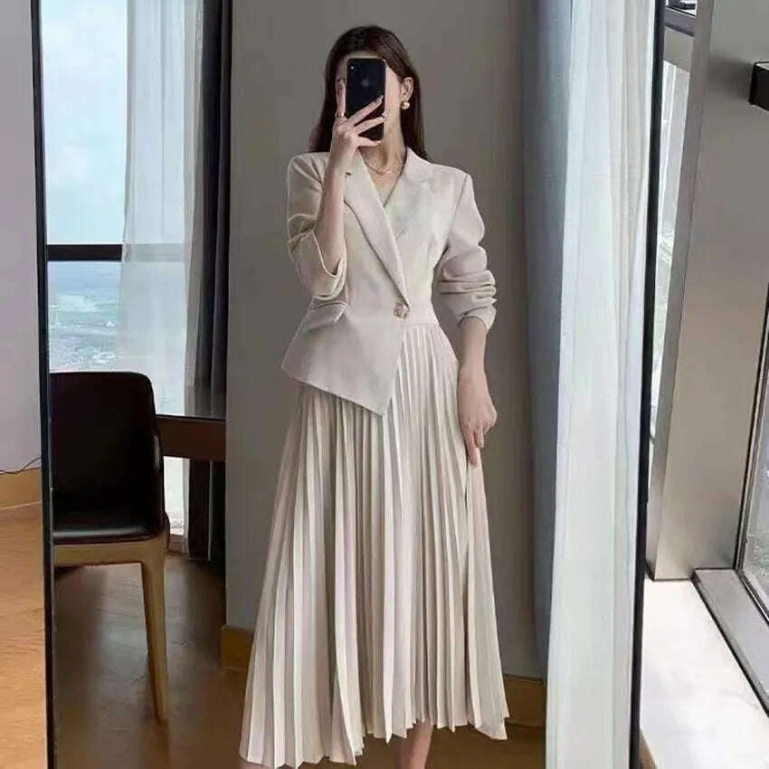 KIMLUD, Elegant Autumn Spring Notched Patchwork Pleated Dress Fashion Women's One Button Long Sleeve Office Ladies Blazer Midi Vestidos, KIMLUD Womens Clothes