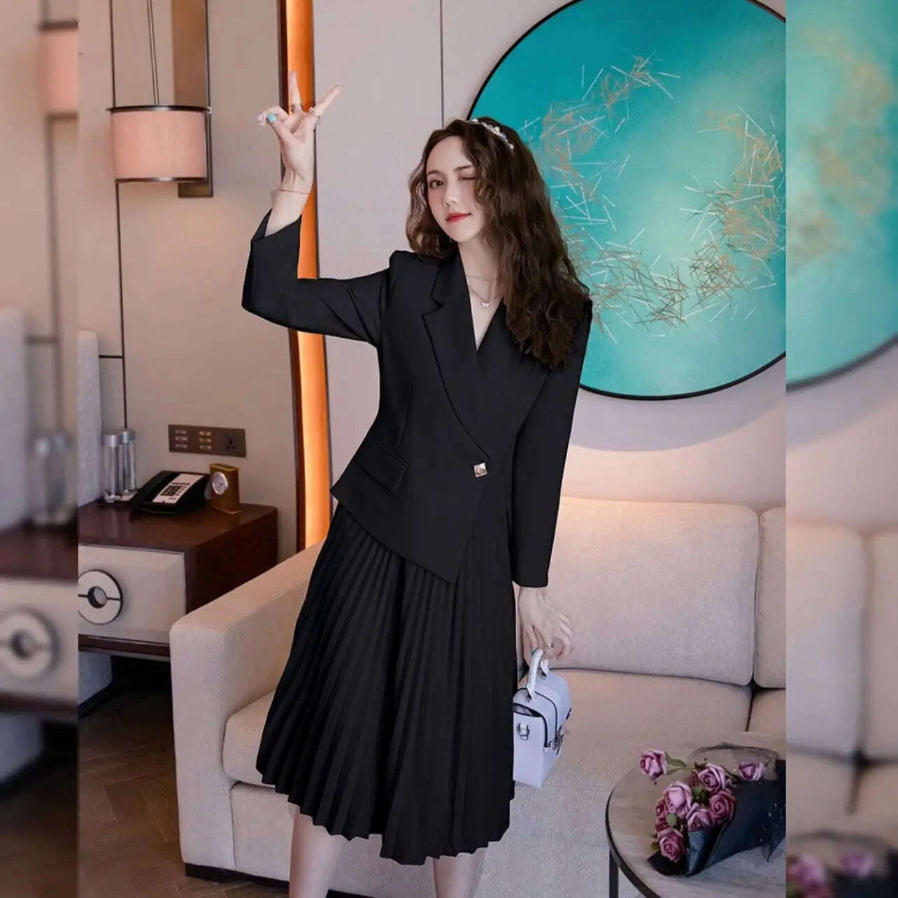 KIMLUD, Elegant Autumn Spring Notched Patchwork Pleated Dress Fashion Women's One Button Long Sleeve Office Ladies Blazer Midi Vestidos, black / S, KIMLUD APPAREL - Womens Clothes