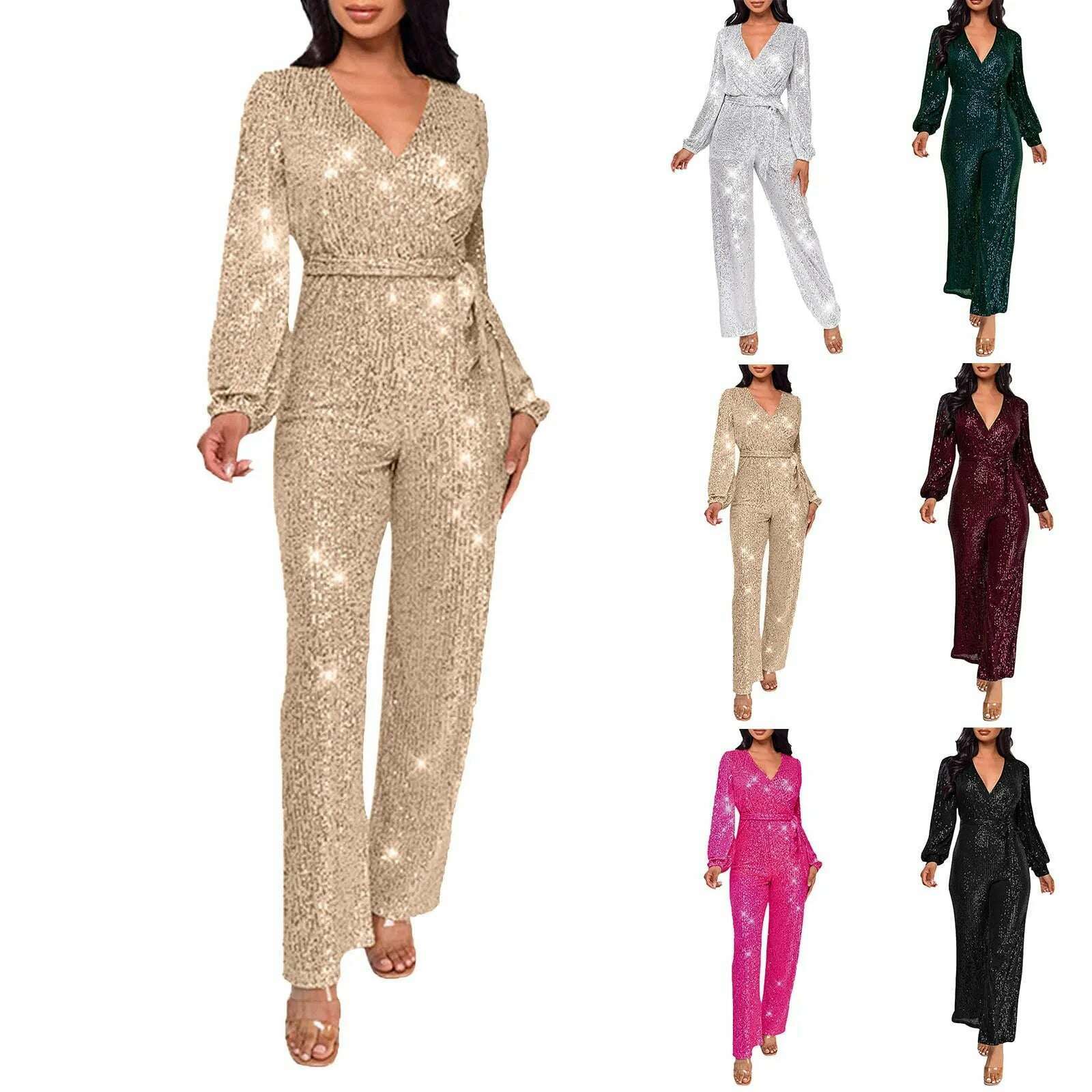 KIMLUD, Elegant Casual Jumpsuits For Ladies Long Sleeve Belted Sequin Jumpsuit Wrap V-Neck Wide Leg Birthday Outfits One Piece Romper, KIMLUD Womens Clothes