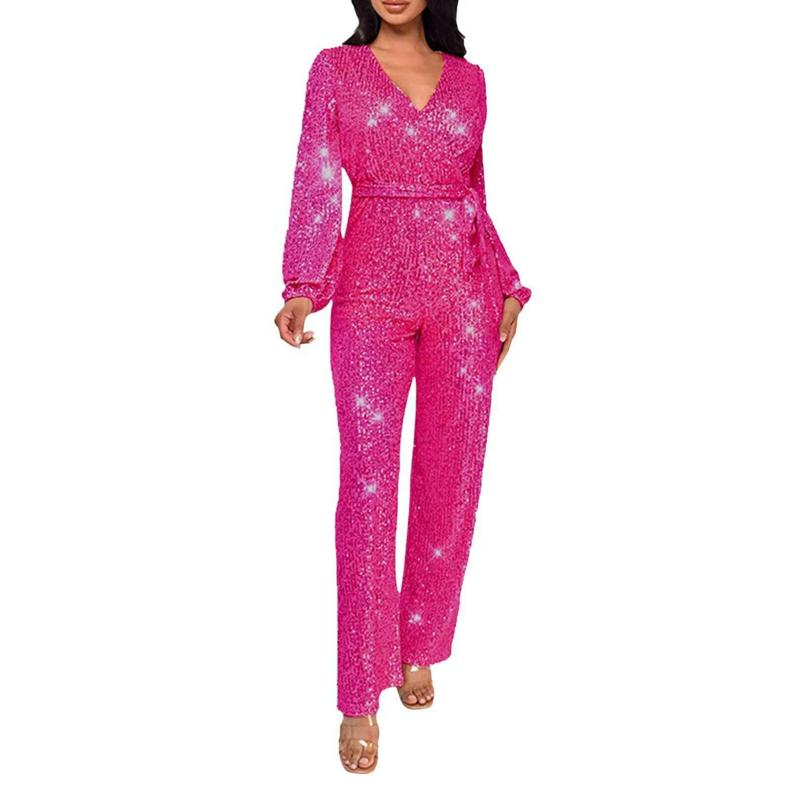 KIMLUD, Elegant Casual Jumpsuits For Ladies Long Sleeve Belted Sequin Jumpsuit Wrap V-Neck Wide Leg Birthday Outfits One Piece Romper, Hot Pink / L / United States, KIMLUD APPAREL - Womens Clothes