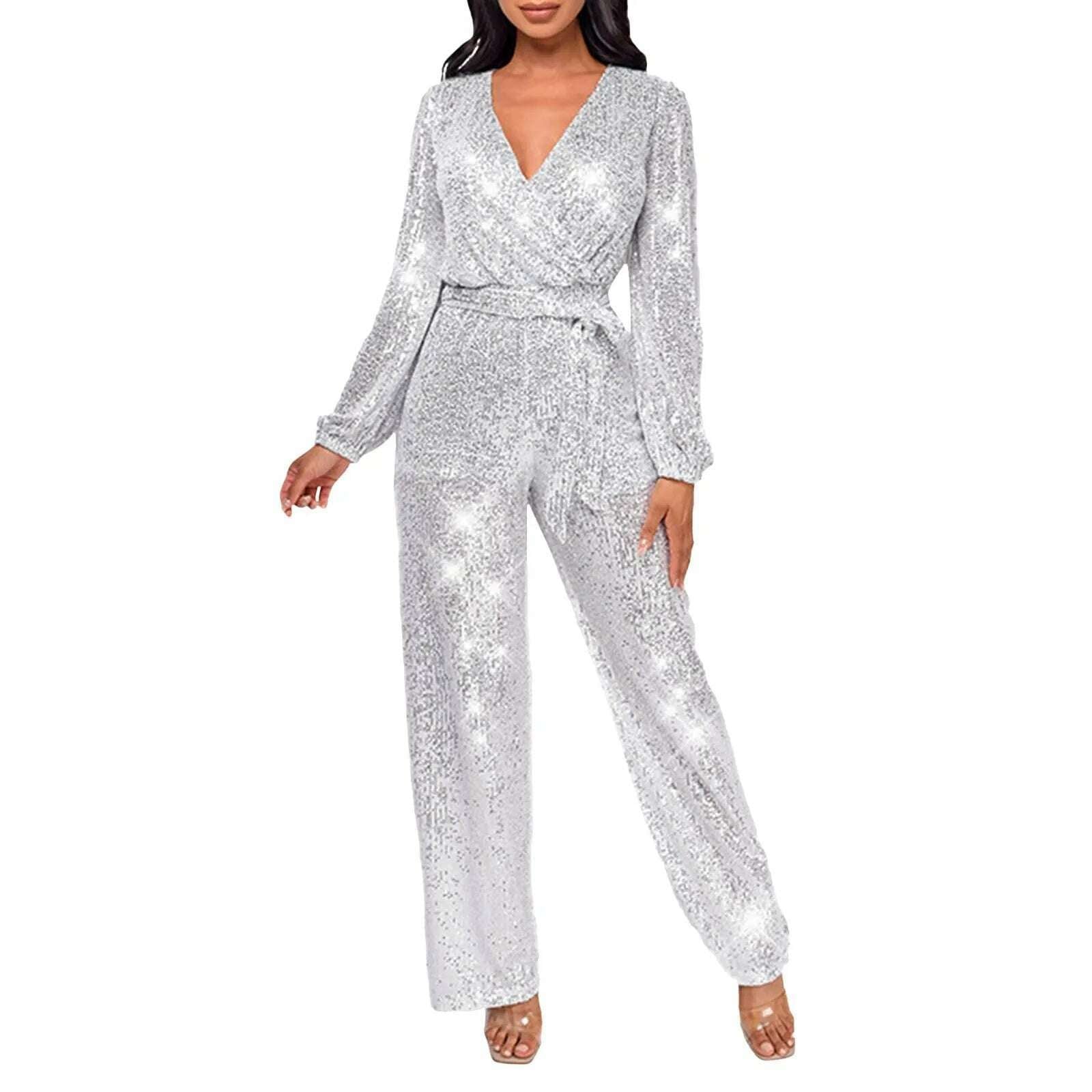 KIMLUD, Elegant Casual Jumpsuits For Ladies Long Sleeve Belted Sequin Jumpsuit Wrap V-Neck Wide Leg Birthday Outfits One Piece Romper, White / XL / United States, KIMLUD APPAREL - Womens Clothes