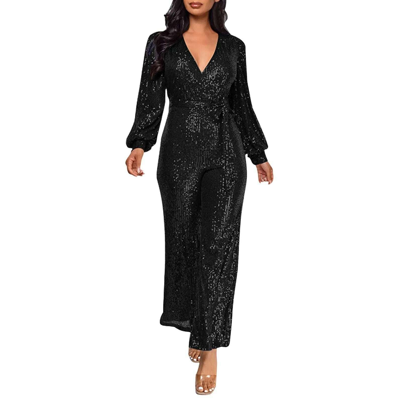 KIMLUD, Elegant Casual Jumpsuits For Ladies Long Sleeve Belted Sequin Jumpsuit Wrap V-Neck Wide Leg Birthday Outfits One Piece Romper, Black / L / United States, KIMLUD APPAREL - Womens Clothes