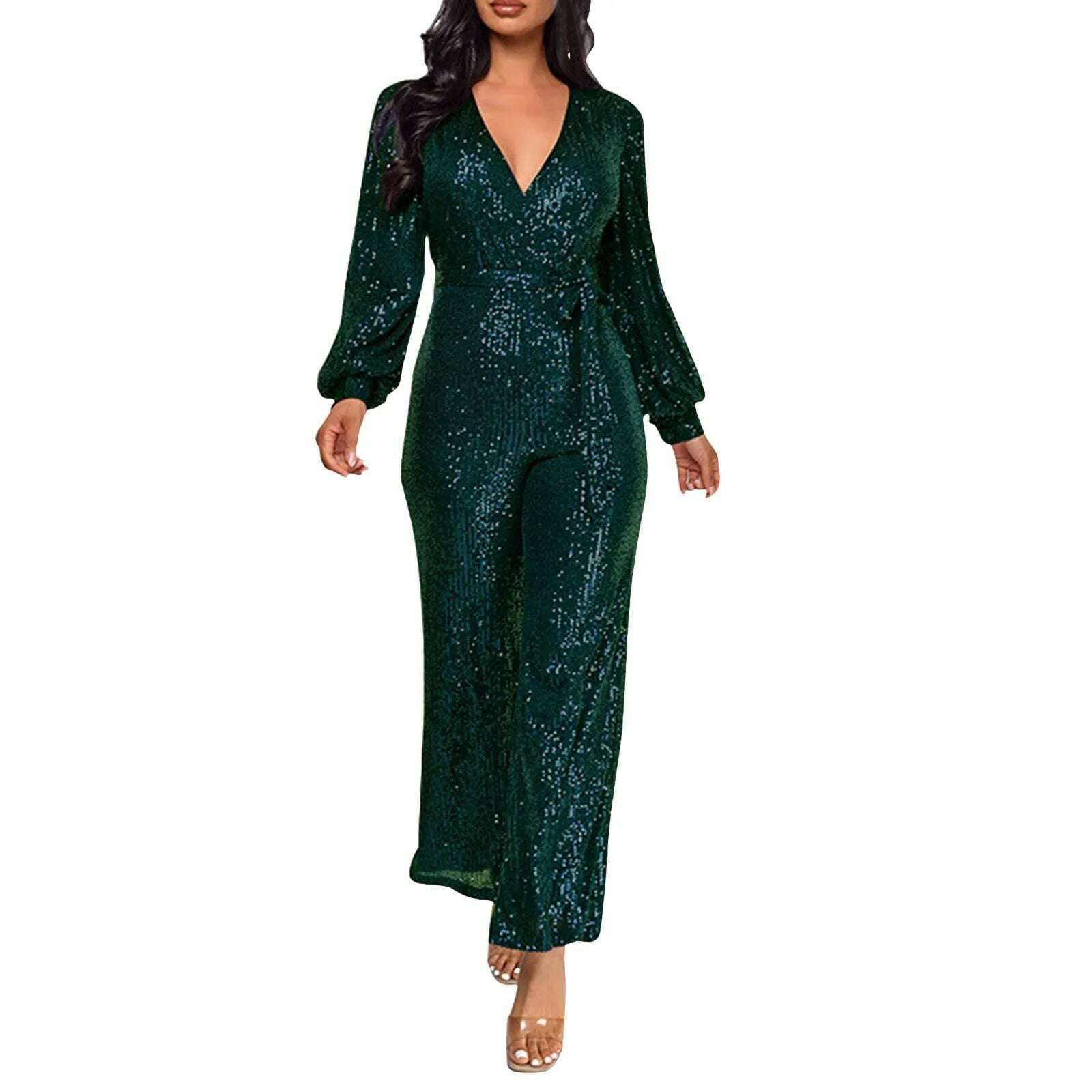 KIMLUD, Elegant Casual Jumpsuits For Ladies Long Sleeve Belted Sequin Jumpsuit Wrap V-Neck Wide Leg Birthday Outfits One Piece Romper, Green / S / United States, KIMLUD APPAREL - Womens Clothes