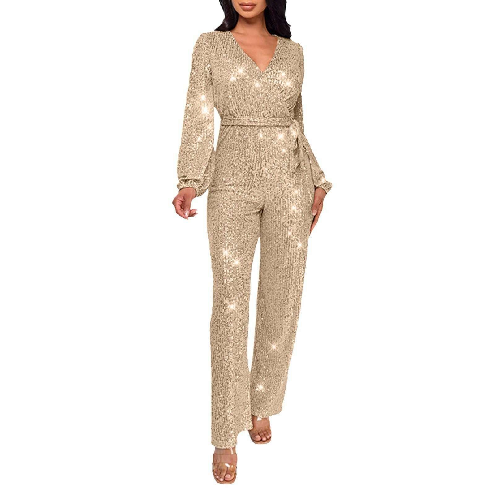 KIMLUD, Elegant Casual Jumpsuits For Ladies Long Sleeve Belted Sequin Jumpsuit Wrap V-Neck Wide Leg Birthday Outfits One Piece Romper, KIMLUD Womens Clothes