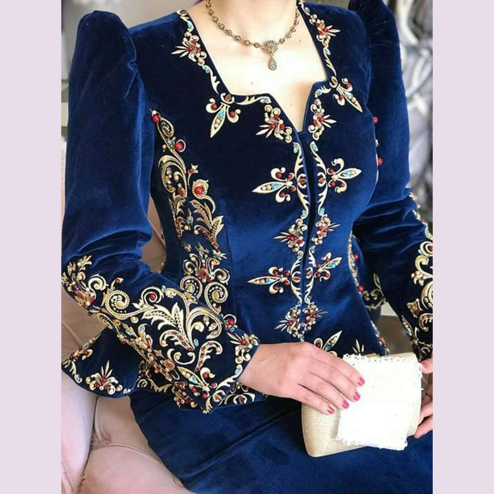 KIMLUD, Elegant Chic Women Tops Floral Embroidered Deep V Neck Slim Waist Peplum Long Sleeve Design Asymmetric Vintage Velvet Blouse, Blue / XXL / CHINA, KIMLUD APPAREL - Womens Clothes