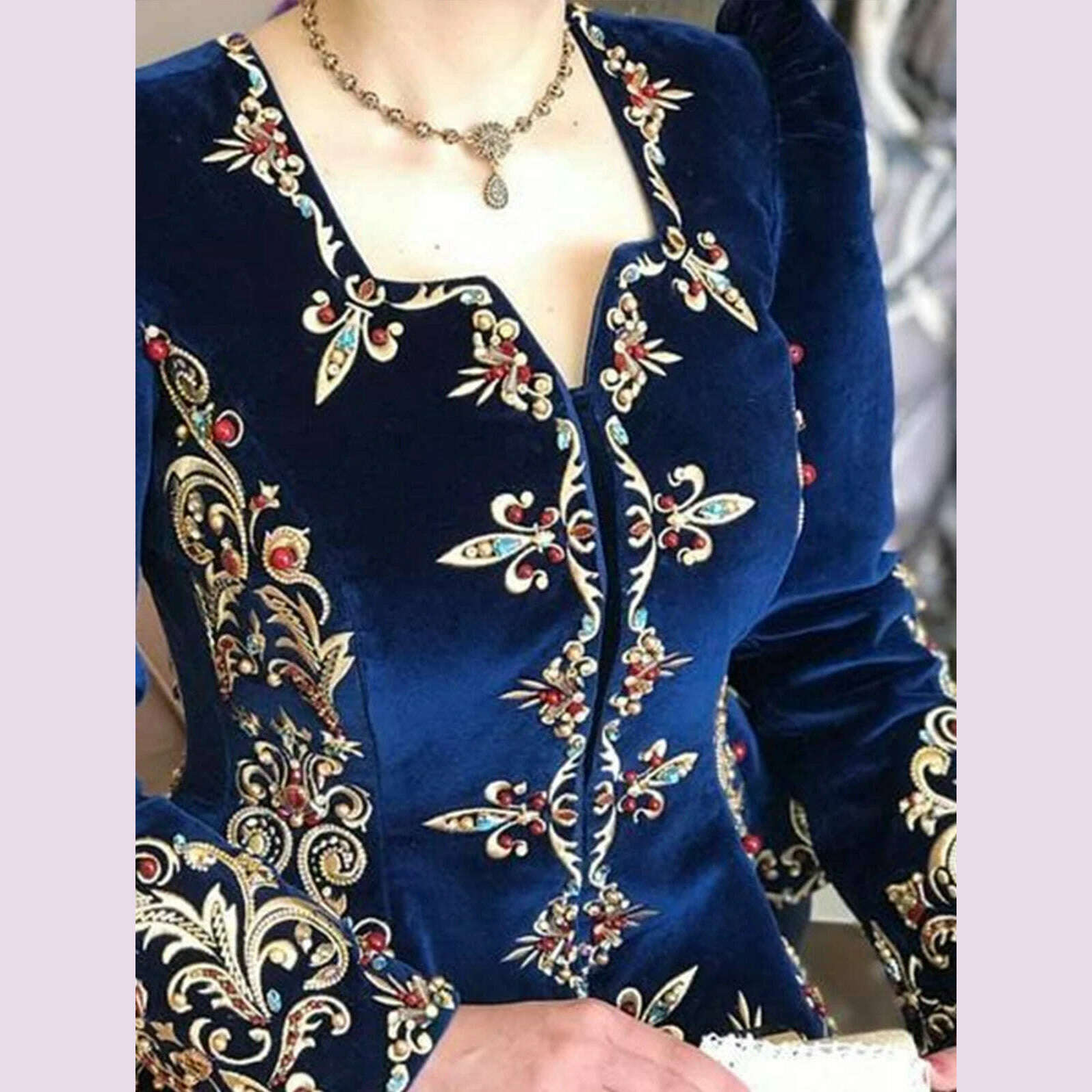 KIMLUD, Elegant Chic Women Tops Floral Embroidered Deep V Neck Slim Waist Peplum Long Sleeve Design Asymmetric Vintage Velvet Blouse, KIMLUD Womens Clothes