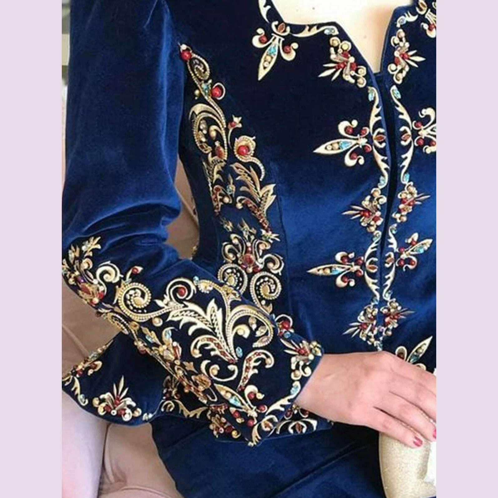 KIMLUD, Elegant Chic Women Tops Floral Embroidered Deep V Neck Slim Waist Peplum Long Sleeve Design Asymmetric Vintage Velvet Blouse, KIMLUD Womens Clothes