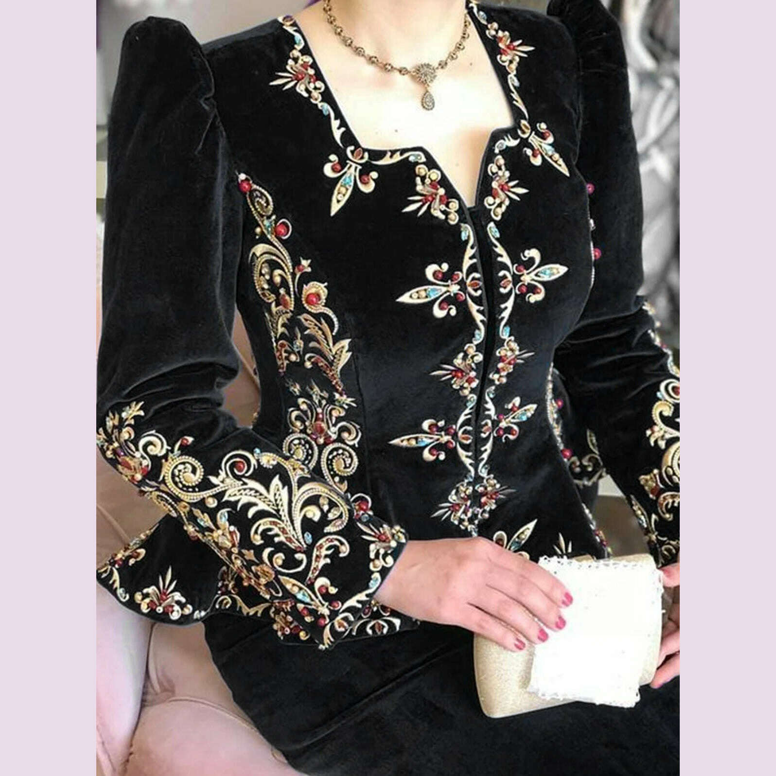 KIMLUD, Elegant Chic Women Tops Floral Embroidered Deep V Neck Slim Waist Peplum Long Sleeve Design Asymmetric Vintage Velvet Blouse, black / S / CHINA, KIMLUD APPAREL - Womens Clothes