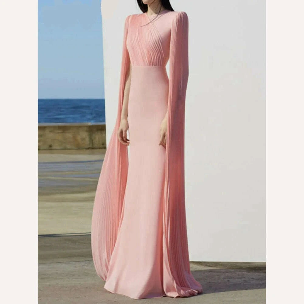 KIMLUD, Elegant Customized Women's Evening Dress Slim Fit Patchwork Pleated Split Sleeve O-neck Summer Fashion Fairy Tale Gown, Pink / XXXL, KIMLUD APPAREL - Womens Clothes