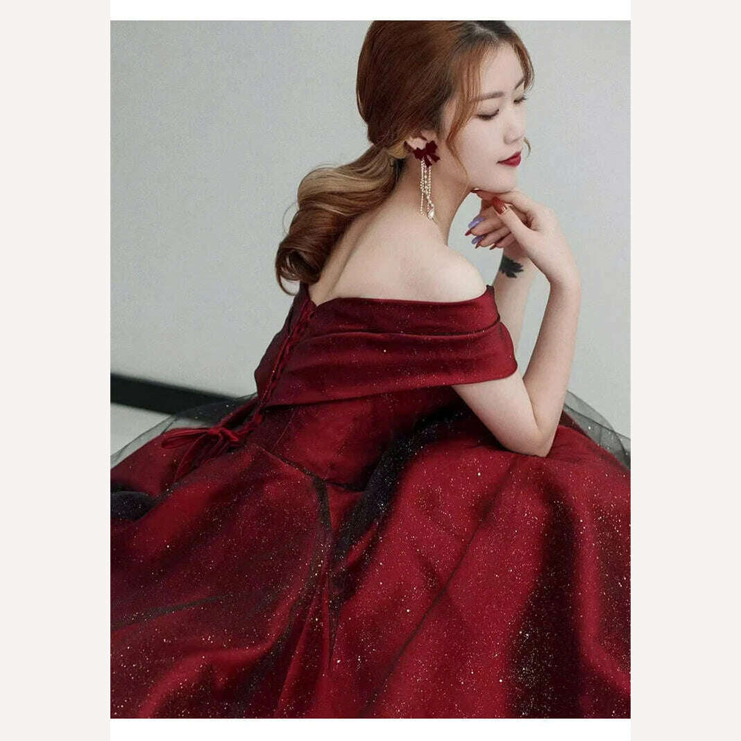 Elegant Dress for Women Burgundy Splicing Lace Sequin Strapless Long A-line Skirt Solid Color Evening Gown M392 - KIMLUD