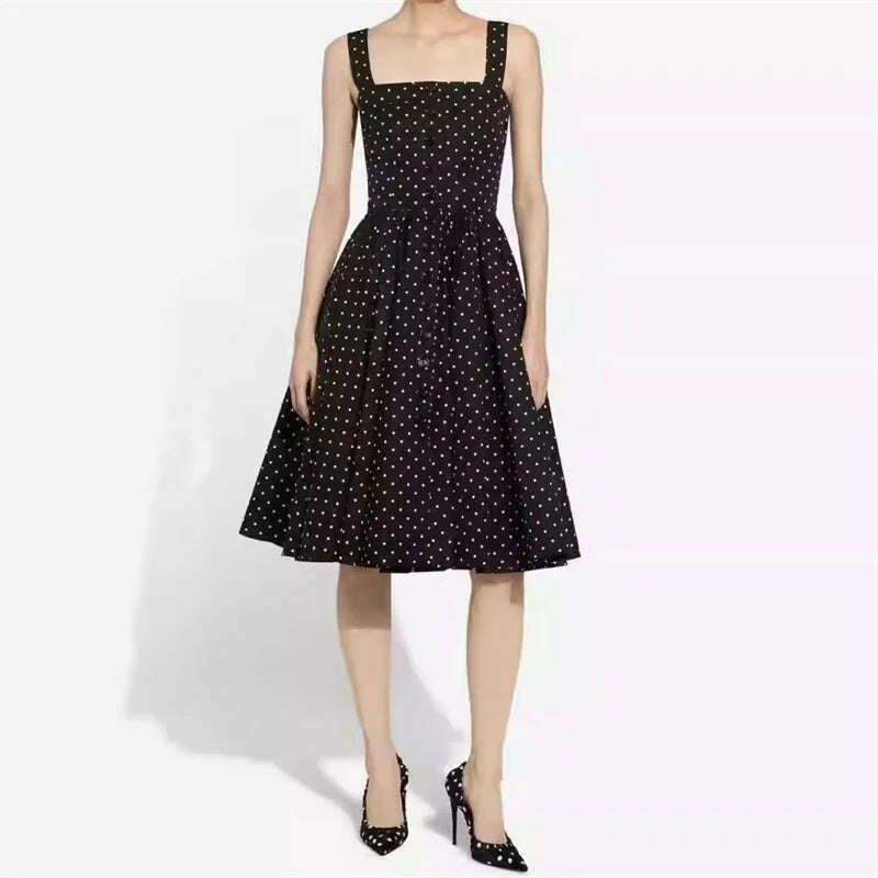 KIMLUD, Elegant dresses for women 2024 Summer New in Round Dot Print Square Neck long dresses Pure cotton suspender Dresses Midi dresses, KIMLUD Womens Clothes