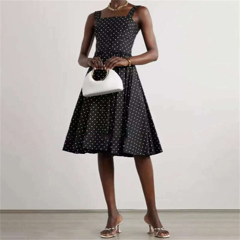 KIMLUD, Elegant dresses for women 2024 Summer New in Round Dot Print Square Neck long dresses Pure cotton suspender Dresses Midi dresses, Black / XL, KIMLUD APPAREL - Womens Clothes