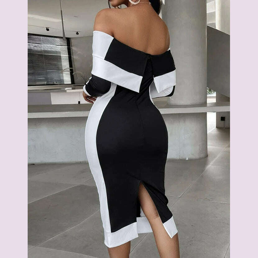 KIMLUD, Elegant Evening Party Dresses for Women Sexy Contrast Sequin Slit Off Shoulder Midi Dress 2023 Autumn Spring New Fashion Casual, KIMLUD Womens Clothes