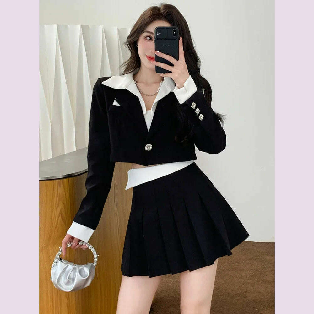 KIMLUD, Elegant Fashion Two Piece Set Women Short Blazer Coat Crop Top + Pleated Skirt Suit Spring Office Lady 2 Piece Sets Women Outfit, KIMLUD Womens Clothes